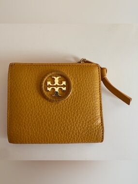 Tory Burch Golden Mustard Pebbled Leather Zip Wallet